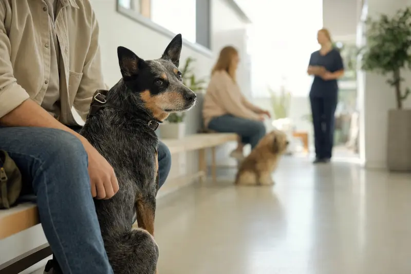 Ein Ormskirk Heeler sitzt ruhig neben seinem Besitzer im hellen Wartezimmer einer modernen Tierarztpraxis.